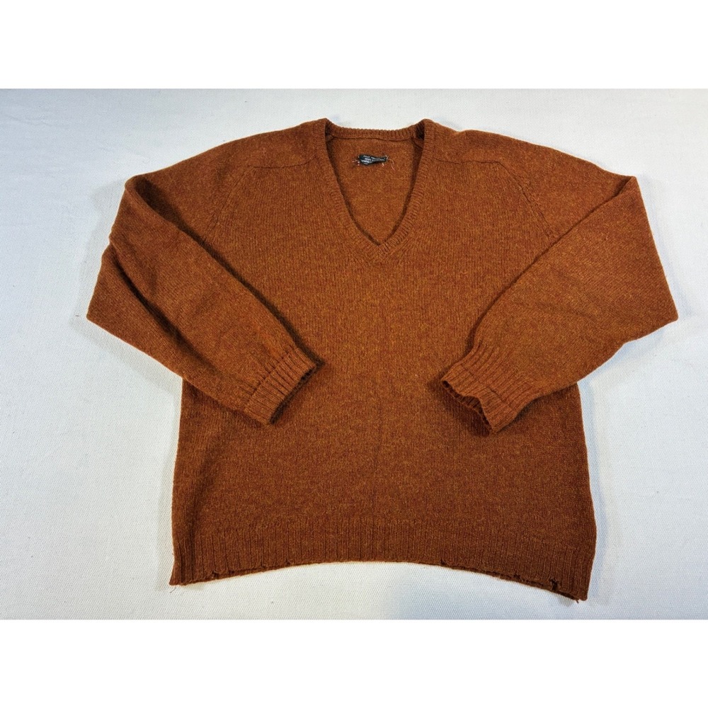 Vintage Burnt Orange 100% Virgin Shetland Wool V-Neck Sweater Mens No Tag Rust